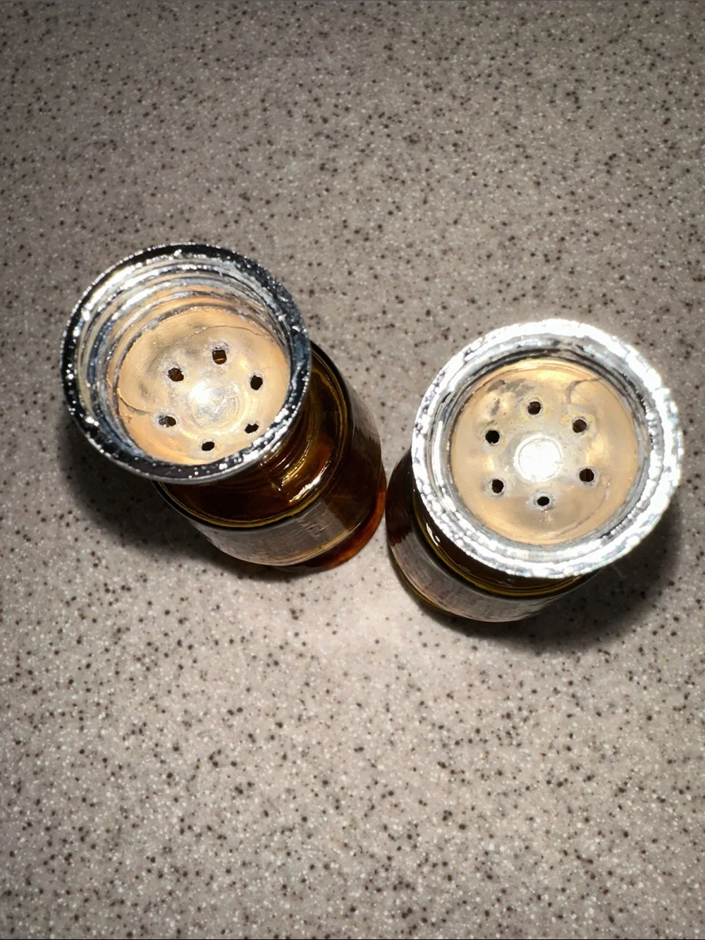 Vintage 1970’s Amber Glass Salt and Pepper Shakers Set with Heavy Chrome Tops